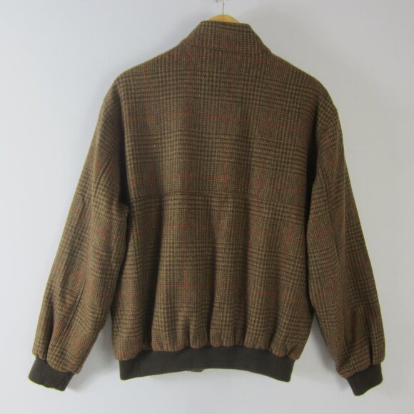 Orvis Mens Large Brown Houndstooth Plaid Wool Bomber Full Zip Jacket Pockets - Picture 2 of 16